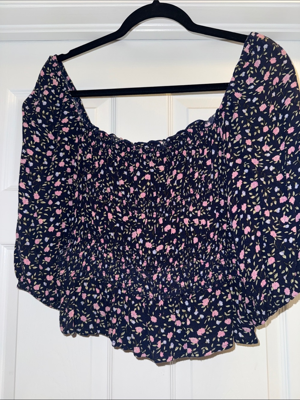 Smocked Off-Shoulder Crop Top in Navy with Pink Floral Print